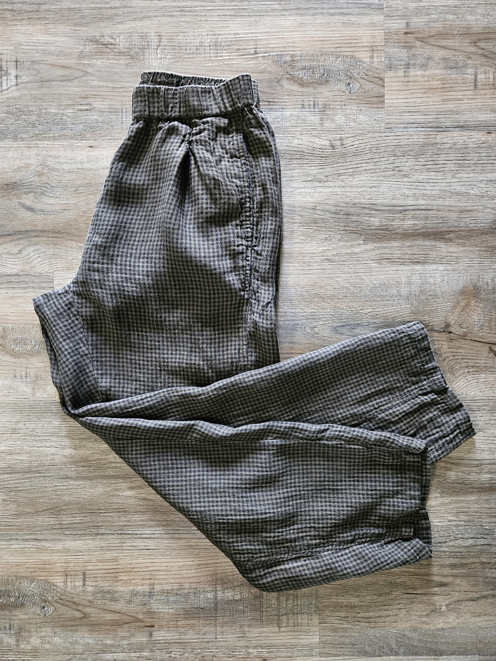 Eileen Fisher Loden Micro Gingham Puckered Organic Linen Tapered Ankle Pant